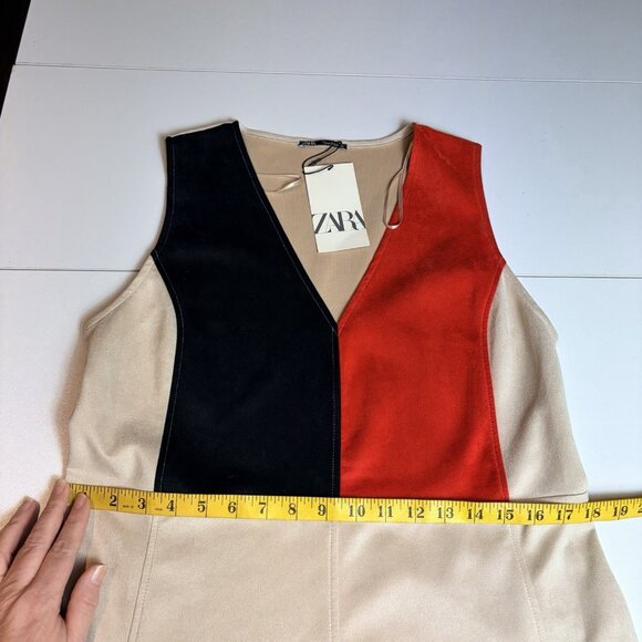 Zara Womens Dress Faux Suede Microfiber Tan Black Red Color Block Sz L NWT - Picture 7 of 10